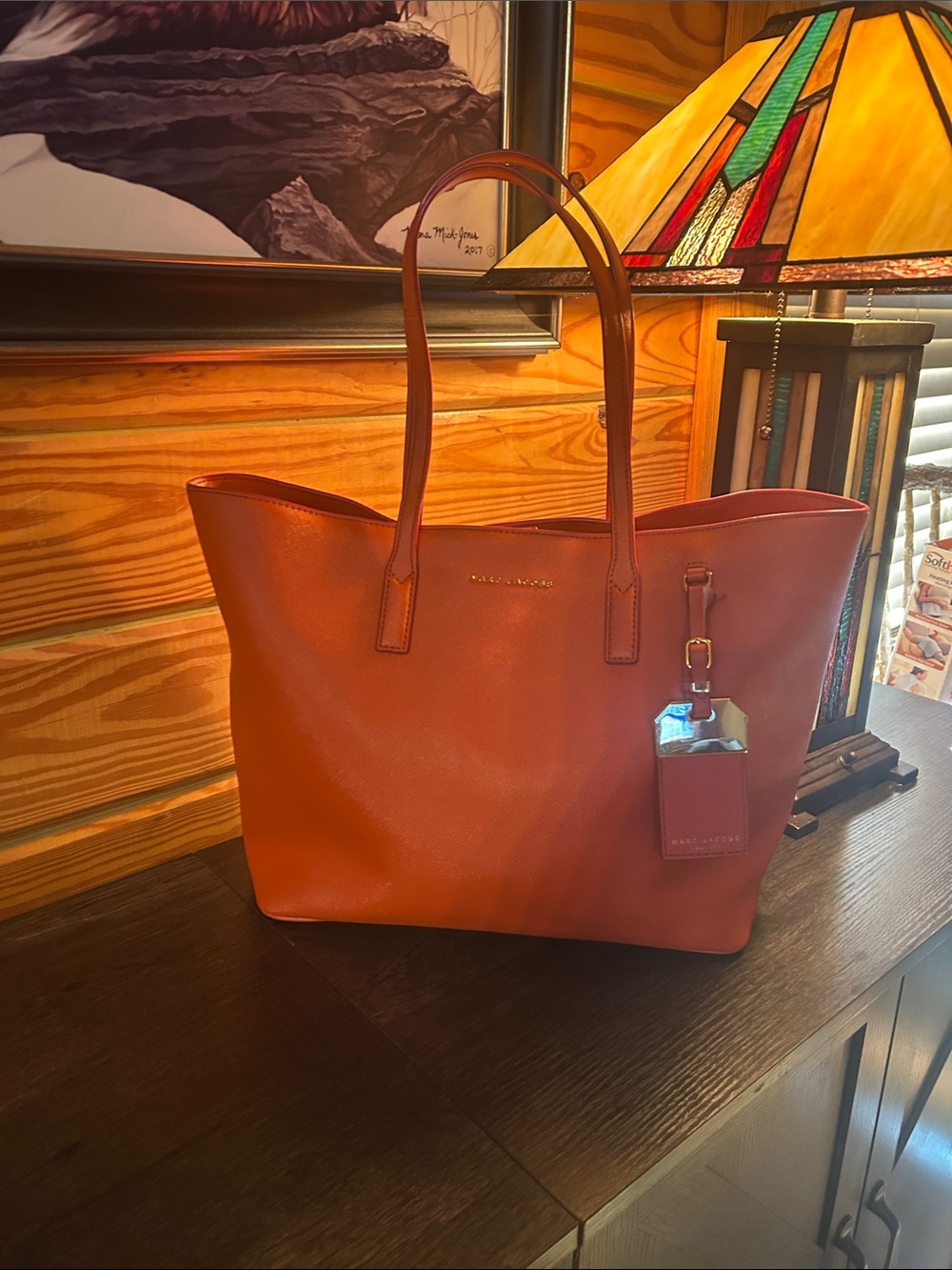 Marc Jacobs Large Orange Leather Tote with Luggage Tag